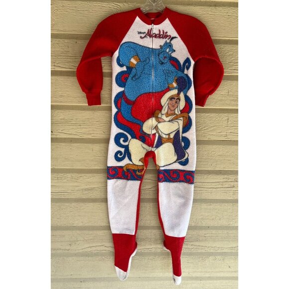 90s Disney Aladdin Fleece Pajamas Red Sleeper Suit Kids 6-8 Footsie Genie Read* - Picture 1 of 13